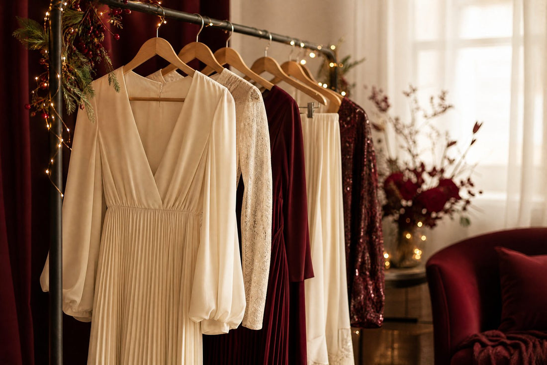 Robes de fete creme et bordeaux sur un portant avec lumieres chaudes