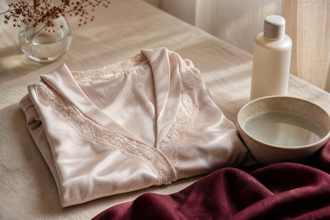 Scène éditoriale crème et bordeaux : tissu délicat plié près d'un bol d'eau tiède et d'un flacon de soin, ambiance mode premium, sans texte