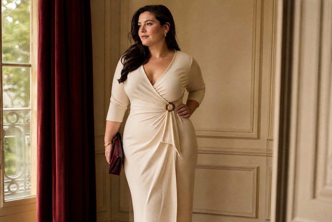 Femme aux formes genereuses en robe portefeuille creme, allure assuree