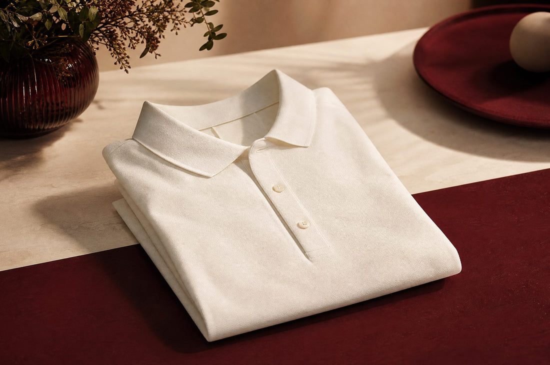 Polo blanc pour homme plie sur une surface creme et bordeaux