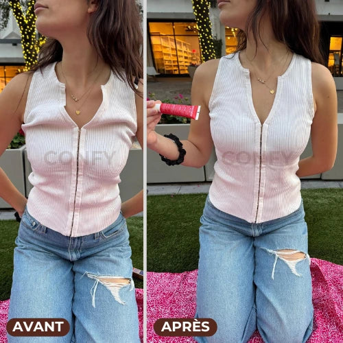 Avant / après : top qui baille puis parfaitement en place grâce au fixateur invisible CONFY