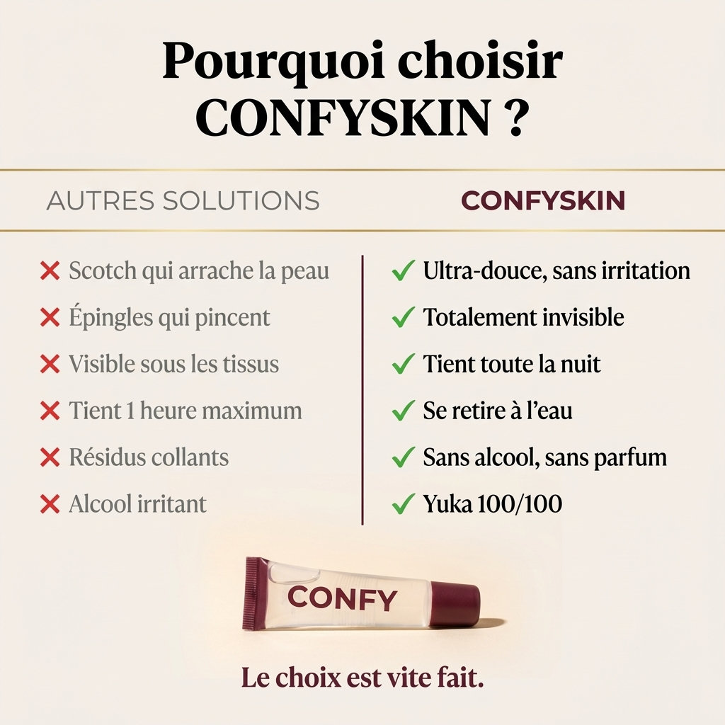 Comparatif CONFYSKIN : fixateur invisible face au scotch double-face et aux épingles