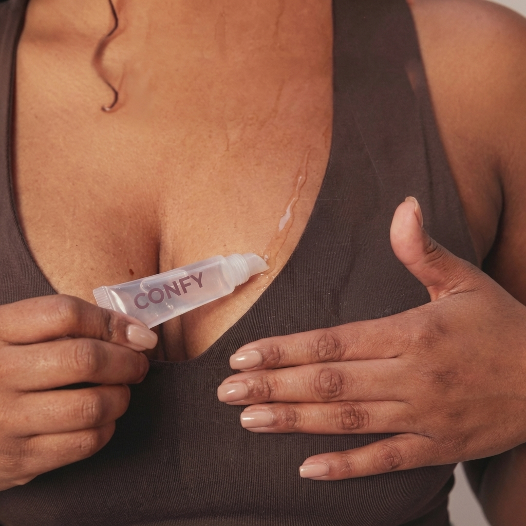 Application du fixateur invisible CONFY sur le décolleté pour maintenir un haut en place